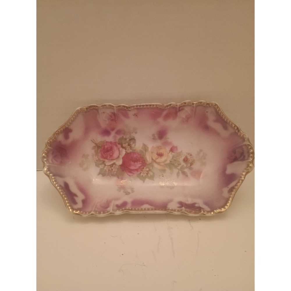 Vintage Rose with Gold Trim Oblong Serving Trinket Dish